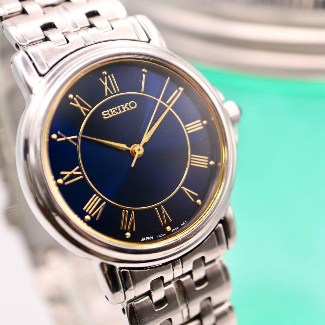 SEIKO ラウンド シルバー ローマン ネイビー メンズ腕時計 1096