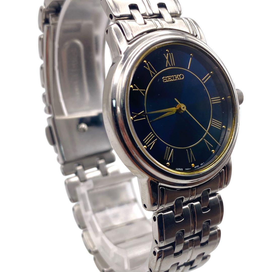 SEIKO ラウンド シルバー ローマン ネイビー メンズ腕時計 1096