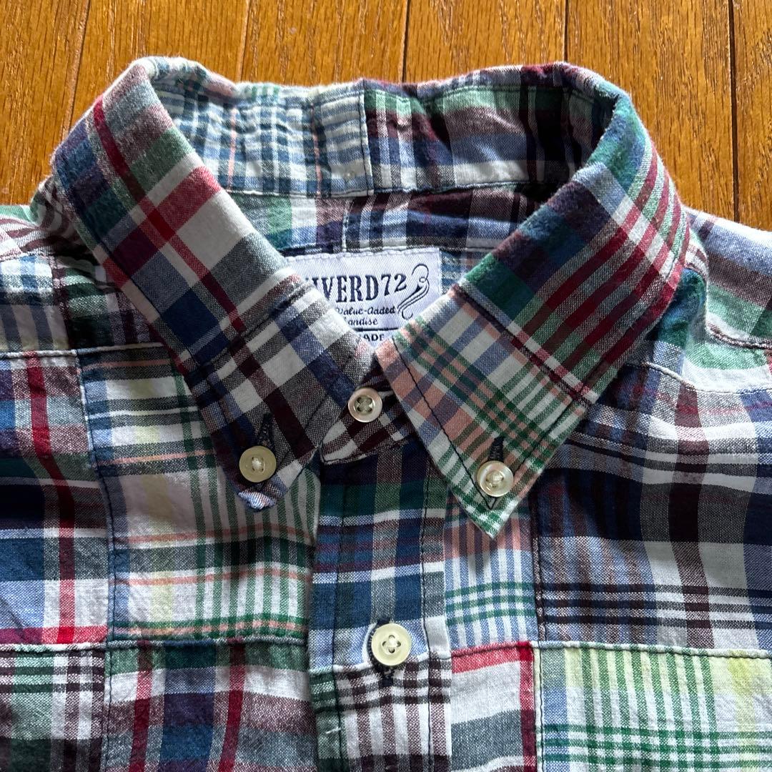 訳あり　UNIVERD72 パッチワーク風インド綿チェックシャツ　メンズM トップス