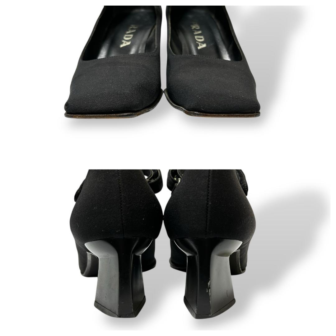 良品◎PRADA ハイヒール パンプス 本革 太ヒール フォーマル 黒 23.5 PRADA スクウェアトゥパンプス 23.5cm ハイヒール ブラック 黒