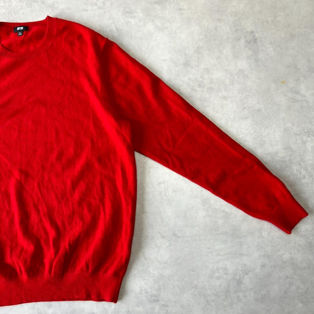 美品　ユニクロ　カシミヤクルーネックセーターXL　レッド　カシミヤ100％380