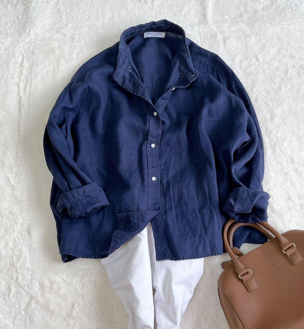 MilaOwen フレンチリネンシャツ　オーバーサイズ　ネイビー　ショート丈　S