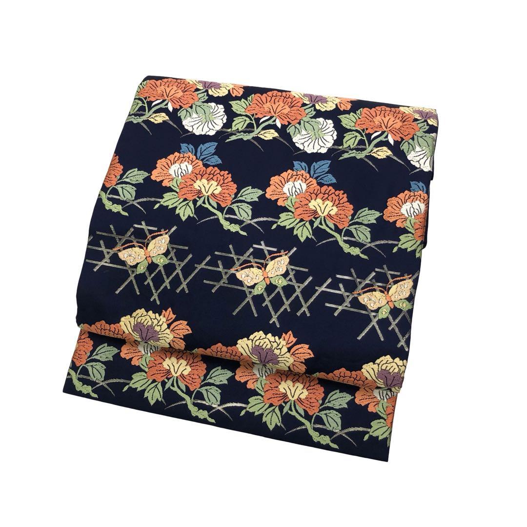 名古屋帯 唐織 蝶々 花模様 藍色 KO-1357