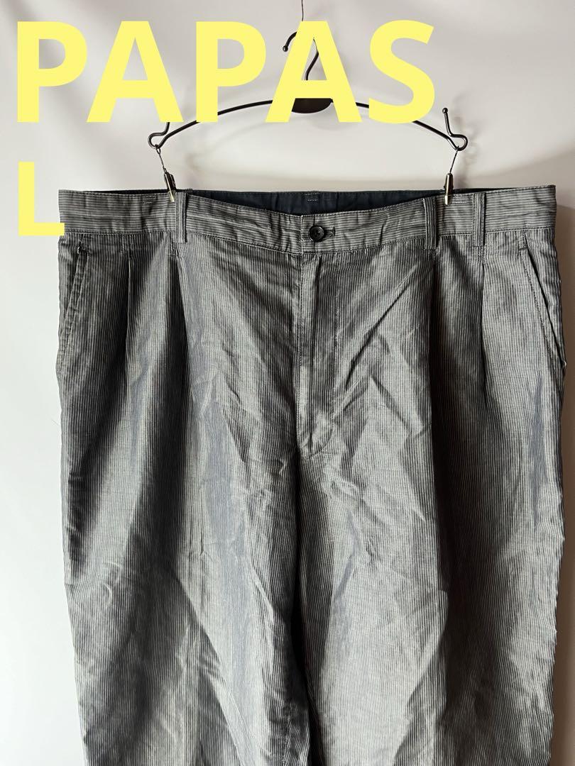 PAPAS パパス　ストライプ　スラックス　パンツ　ボトムス　麻　リネン　L
