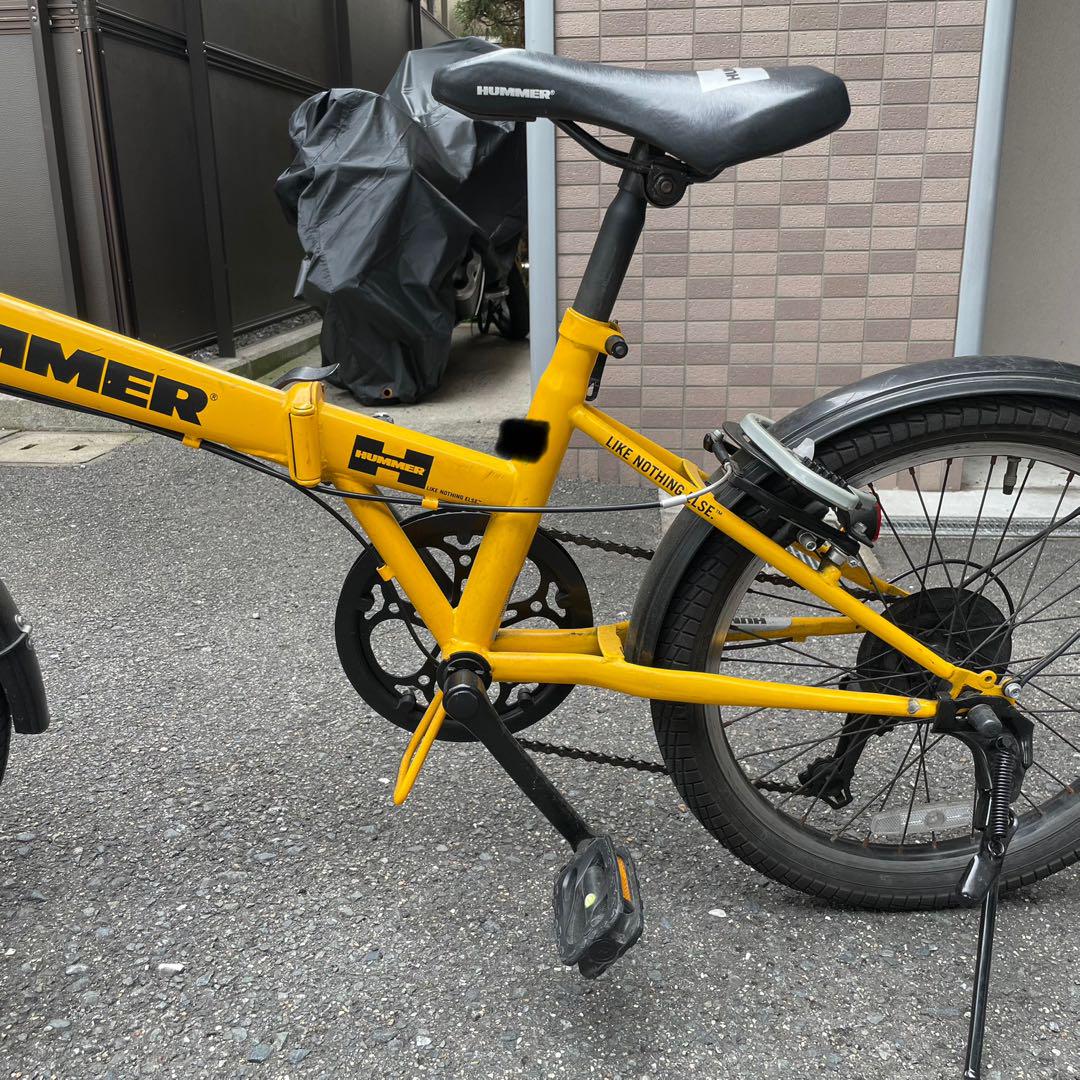 HUMMER ハマーイエロー 折りたたみ自転車 前カゴ付きロック付きギア7段あり