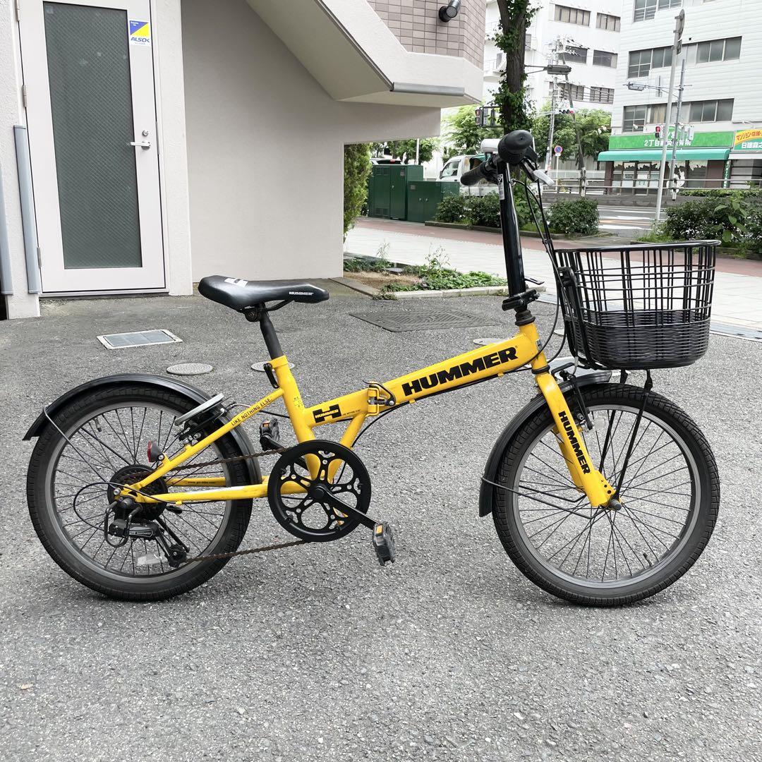 HUMMER ハマーイエロー 折りたたみ自転車 前カゴ付きロック付きギア7段あり