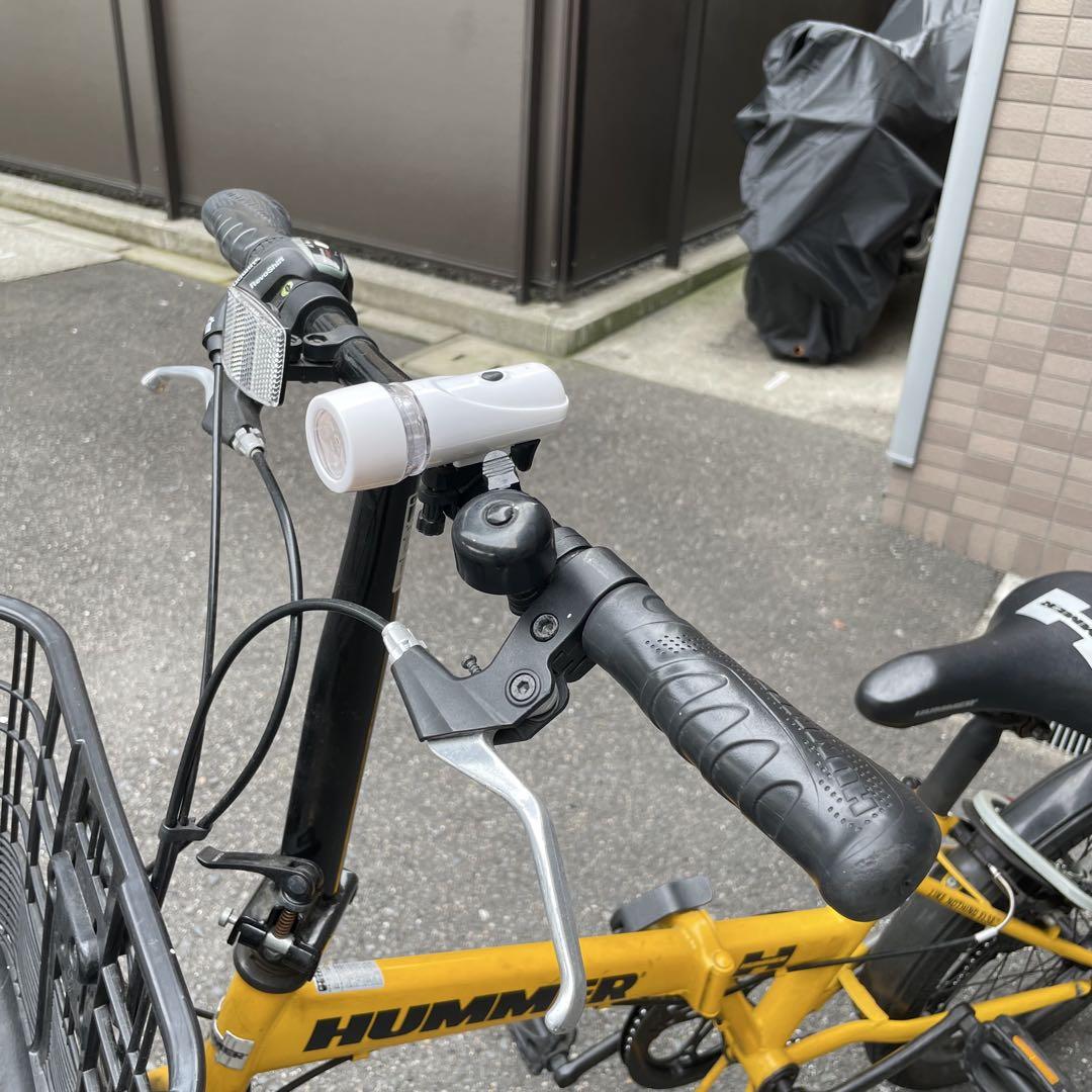 HUMMER ハマーイエロー 折りたたみ自転車 前カゴ付きロック付きギア7段あり