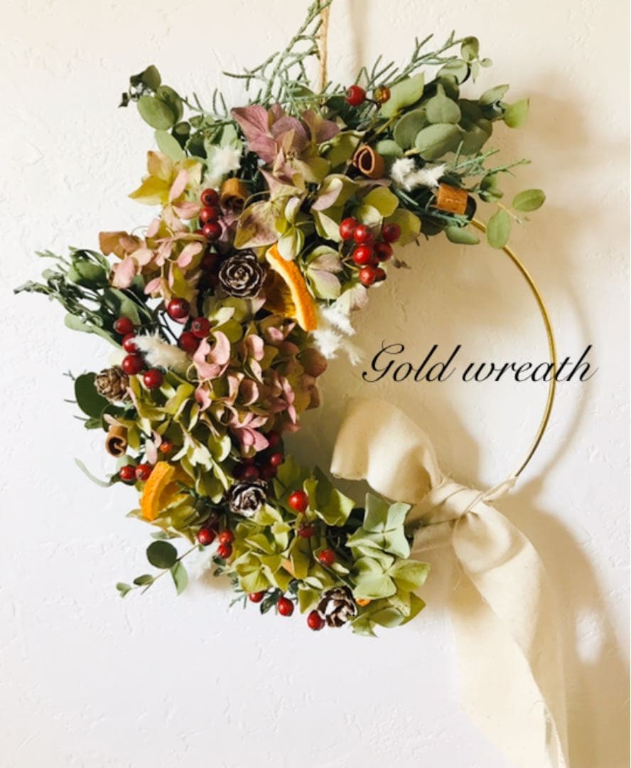 正規販売店 フラワー ガーデン 北欧風ゴールドフープリース ドライフラワー ユーカリ 秋色紫陽花 クリスマス Www Sjemenarna Net