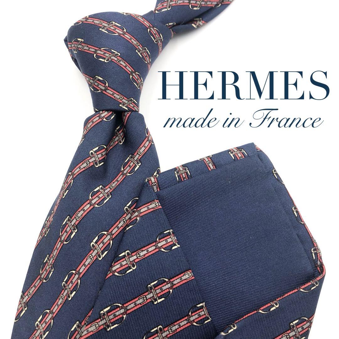 【美品】HERMES ネクタイ ストライプ柄 ベルト柄 ネイビー レッド