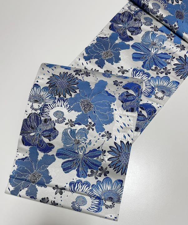 お仕立て付き【本藍染袋帯◇単衣や袷に】白銀色銀×青×水色 お仕立て付き【本藍染袋帯◇単衣や袷に】白銀色銀×青×水色