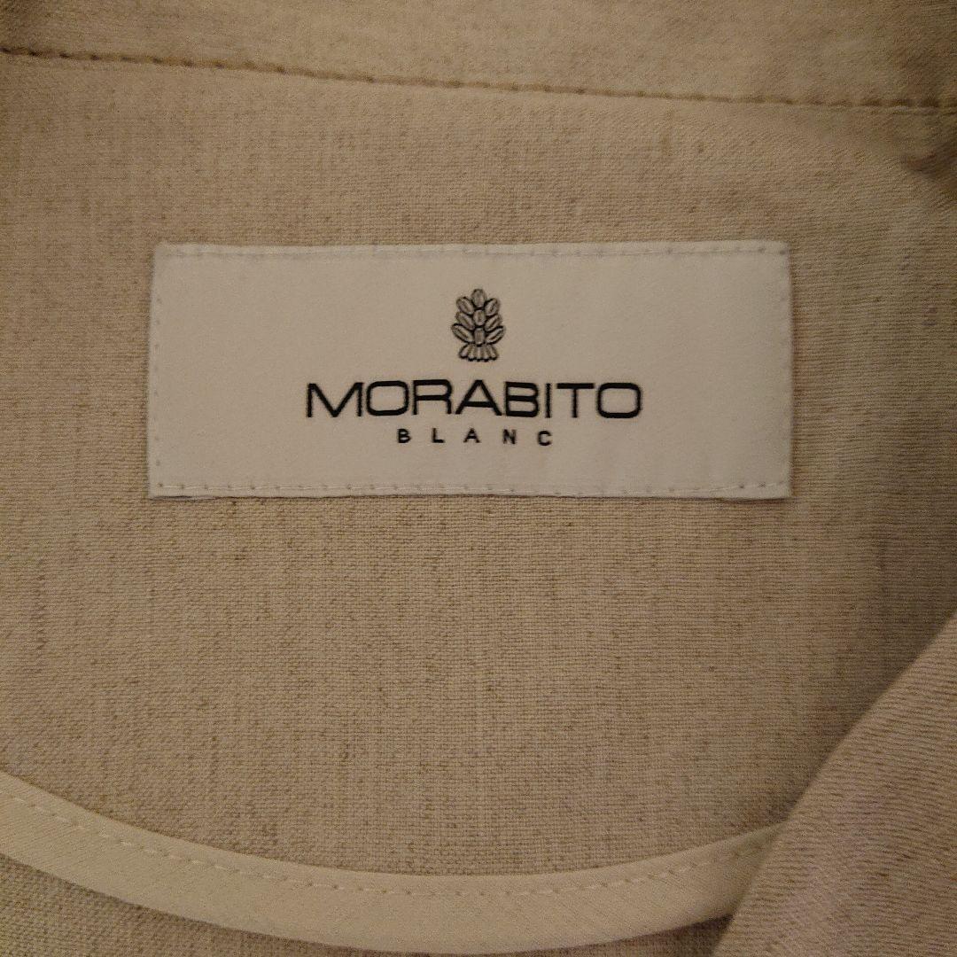 美品 MORABITO 麻混 テーラードジャケット レザーロゴ サイド