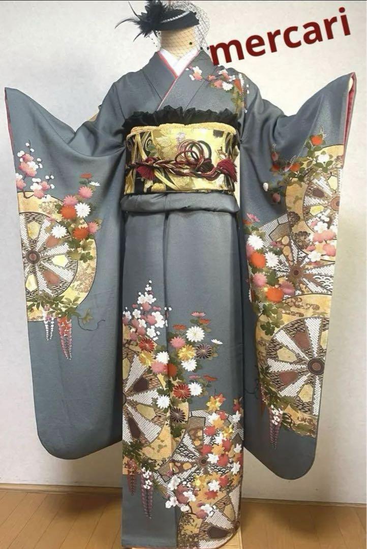 振袖セット　アンティーク　灰色　グレー