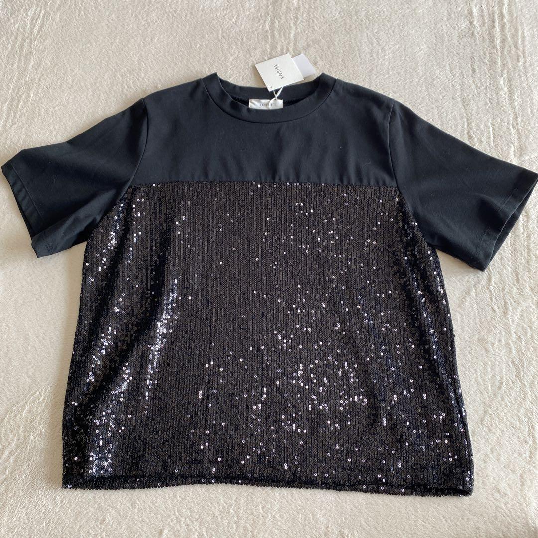 スパンコール装飾 半袖Tシャツ 黒
