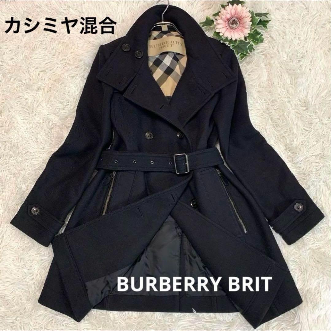 D73.美品◇BURBERRY BRIT◇カシミヤ混合◇ダブルブレストピーコート