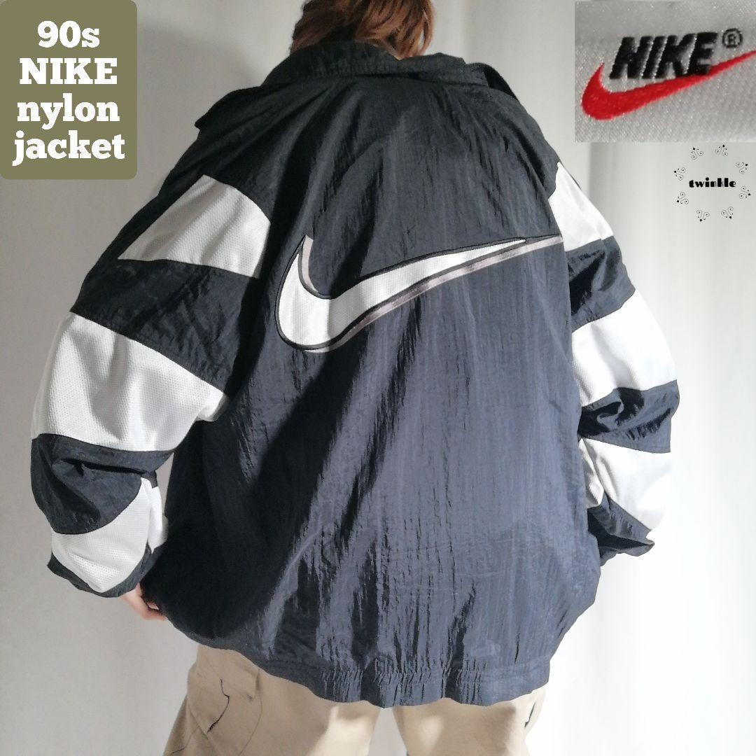 90s NIKEバックロゴ刺繍ナイロンジャケットブラックホワイトL古着2923