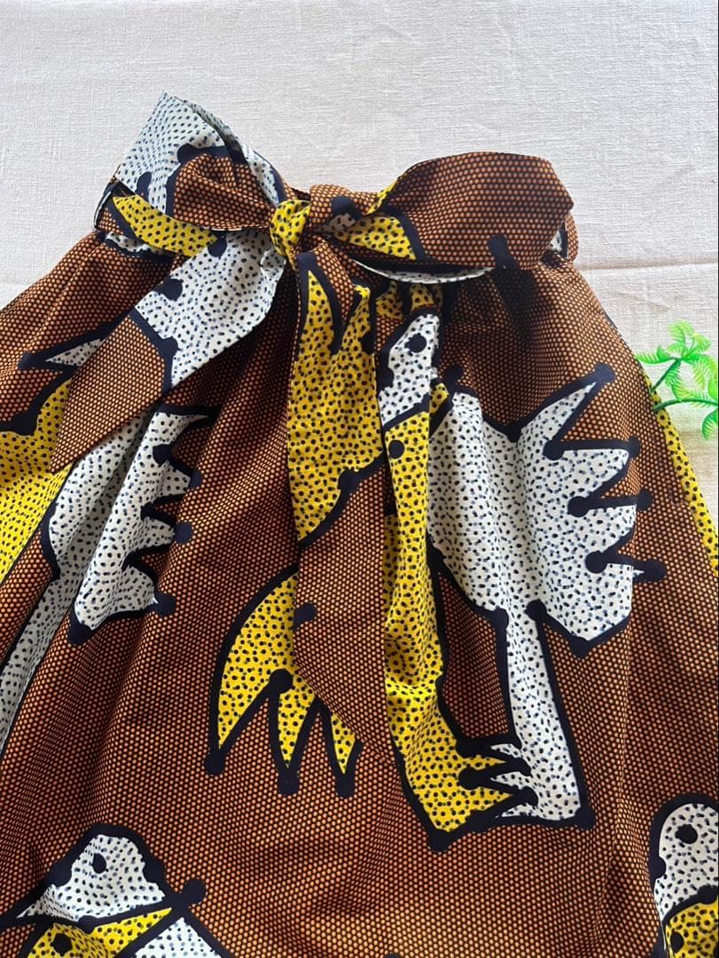 アフリカ布ふんわりギャザースカート　ポケット有り　リボン付き　マキシ丈