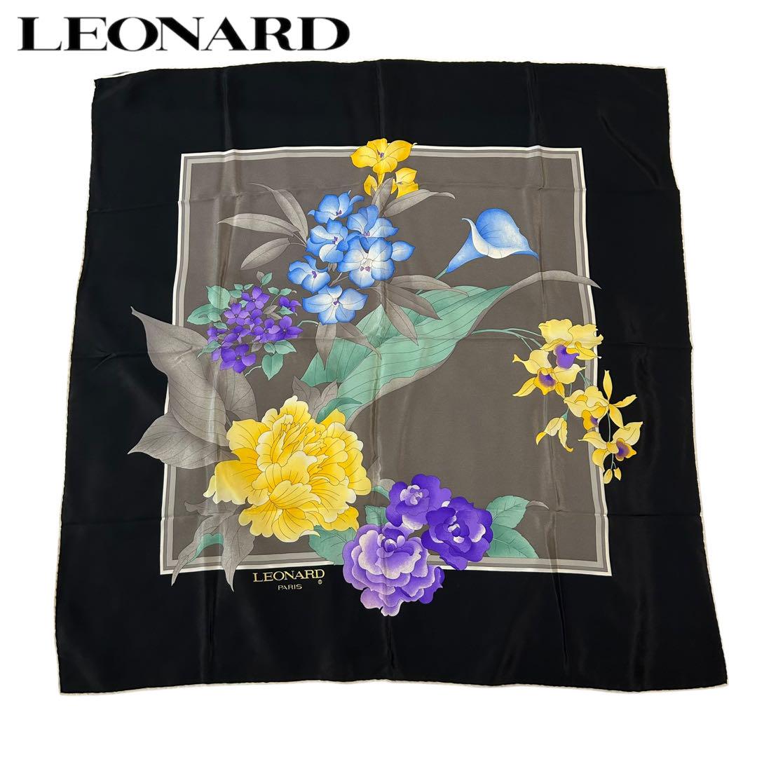 レオナール LEONARDフラワーモチーフ大判スカーフ 花柄 シルク ブラック 5,330円