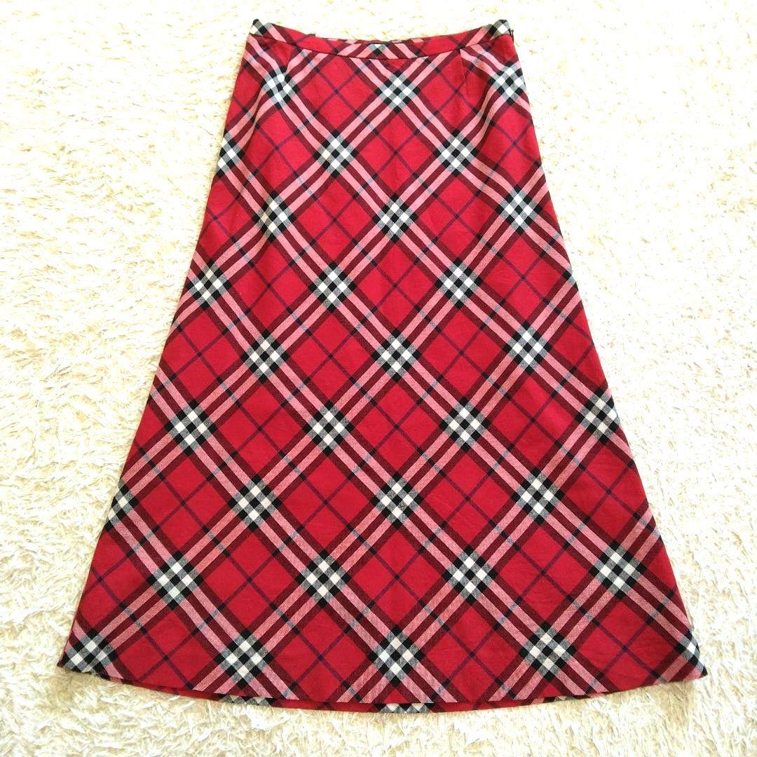 【美品】BURBERRY LONDON巻きスカート ノバチェック 38 BURBERRY LONDON】ノバチェックロングスカート ウール レッド38