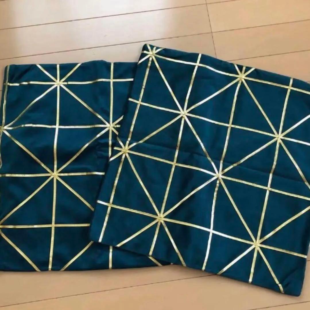 クッションカバー 2枚 45x45 北欧風 グリーン×ゴールド