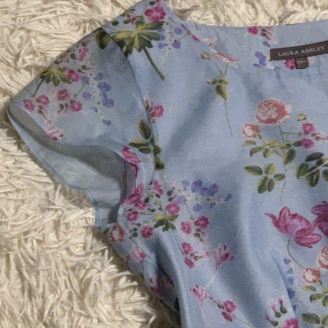 ローラアシュレイ　花柄　ワンピース　フレンチスリーブ　ブルー　フレア　夏 ローラアシュレイ 花柄 ワンピース フレンチスリーブ ブルー