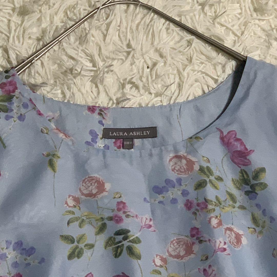 ローラアシュレイ　花柄　ワンピース　フレンチスリーブ　ブルー　フレア　夏 ローラアシュレイ 花柄 フレンチスリーブ ブルー フレア