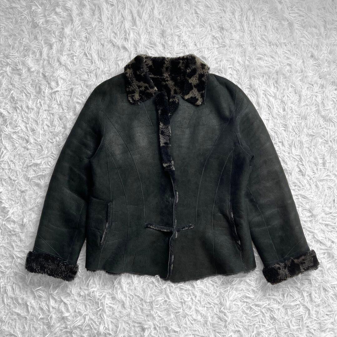 リアルムートン ファー コート 2XL 黒 ボア レオパード クロップド丈 本革2XL 3L Ville dazur