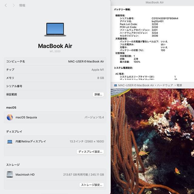 【美品】MacBook Air 2020 M1/8GB/256GB_SPG