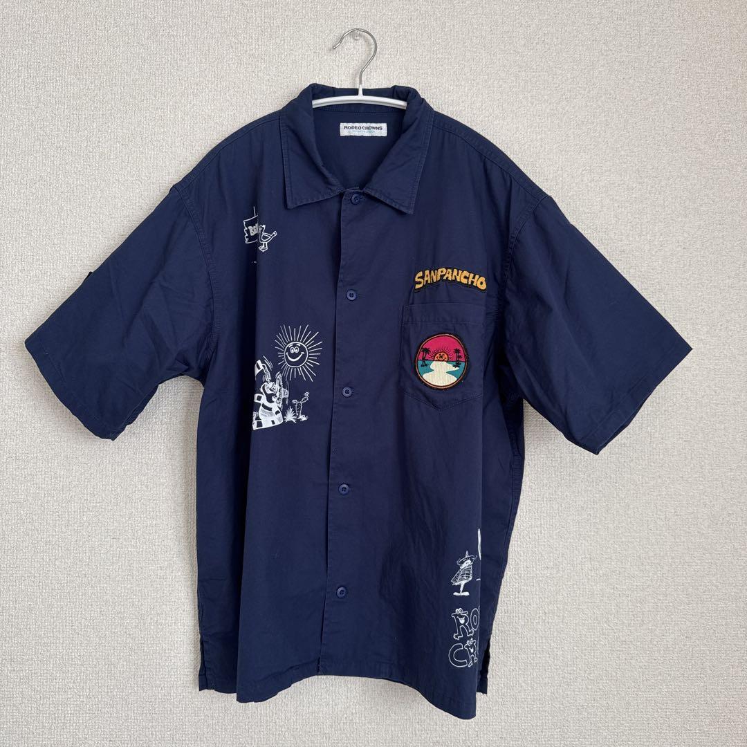 ロデオクラウンズ ネイビー 刺繍 綿100%半袖シャツ フリーサイズ