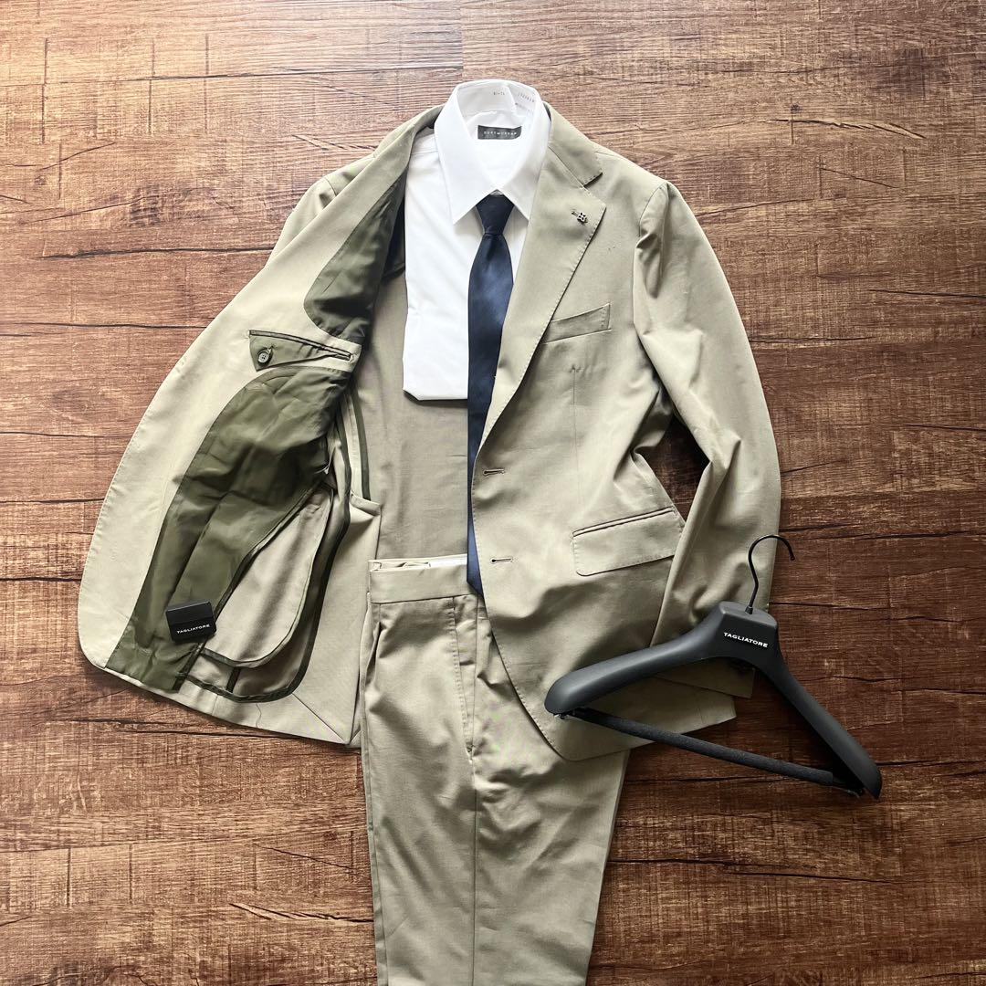 <24SS 美品>TAGLIATORE 最新ロゴ カーキ ウールスーツ 46