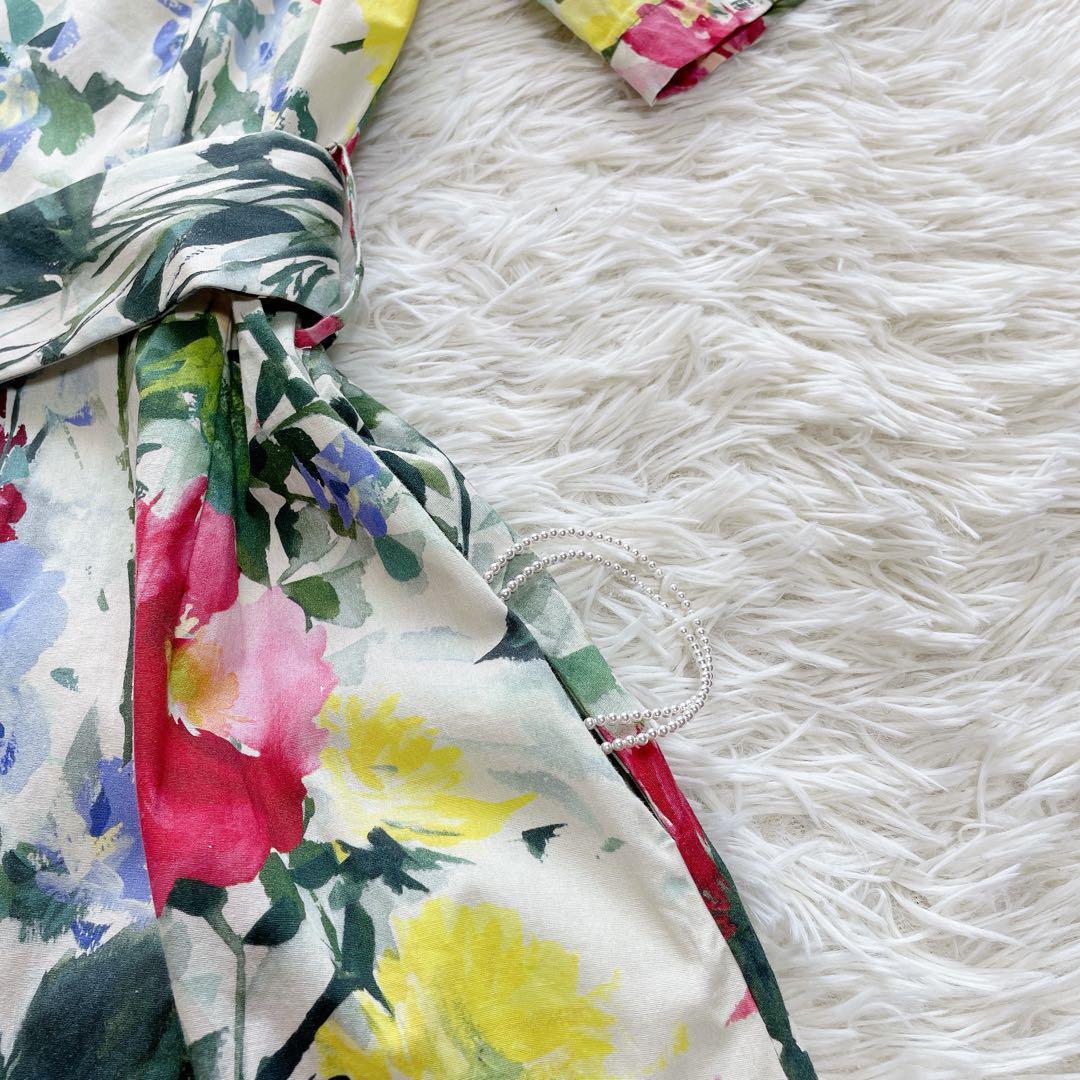 美品】ZARA Aラインロングワンピース 水彩画花柄 伸縮性 同布