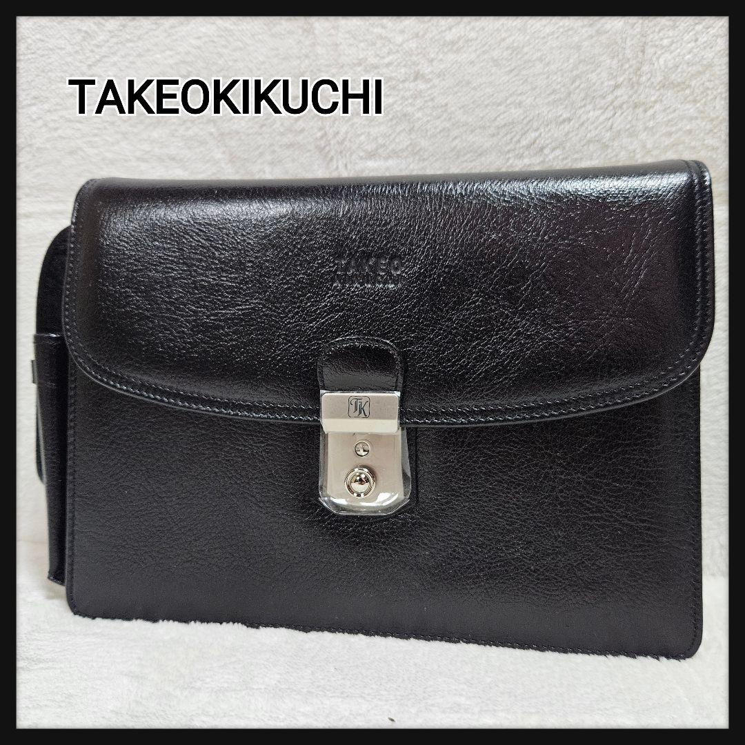 [未使用品シール付き]TAKEOKIKUCHI セカンドバッグ レザー ブラック