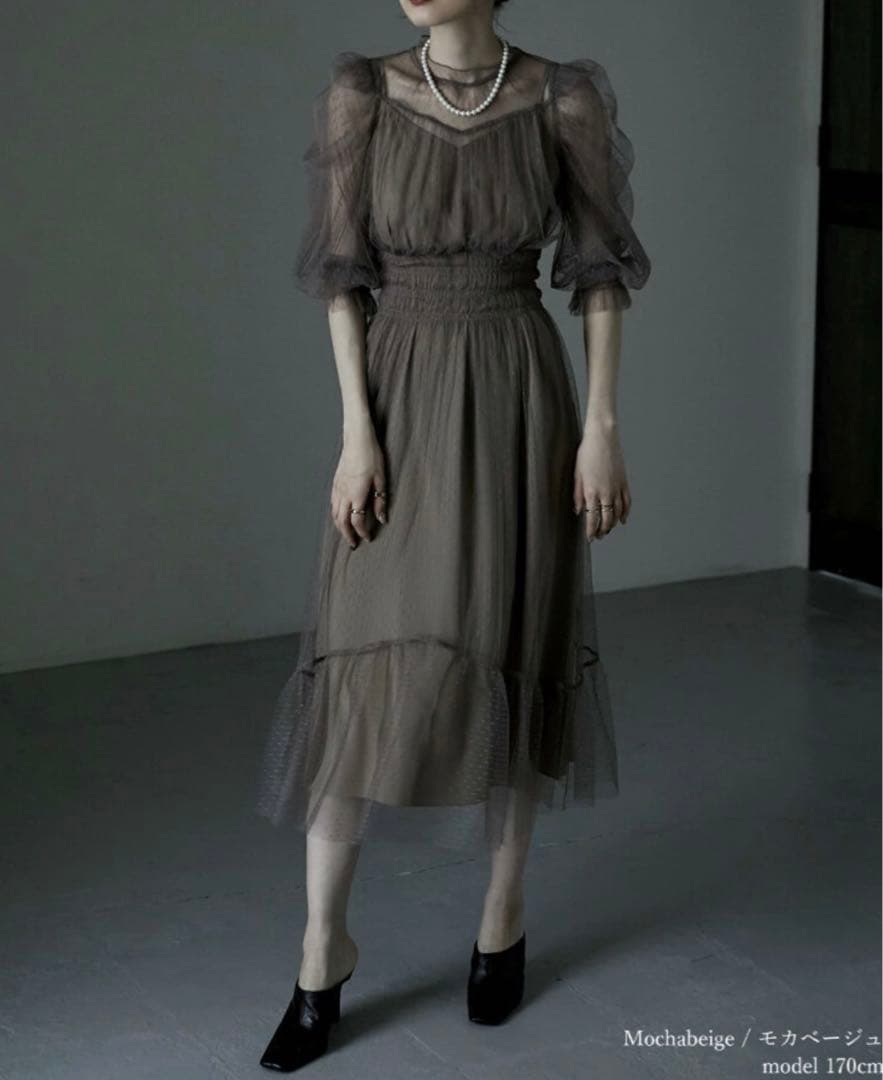 新発売の etoll. ドットチュールレイヤードドレス ロングワンピース