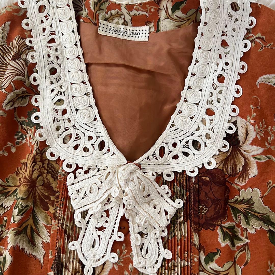 カネコイサオ 花柄 ロングワンピース レース襟 リボン付き 上品な