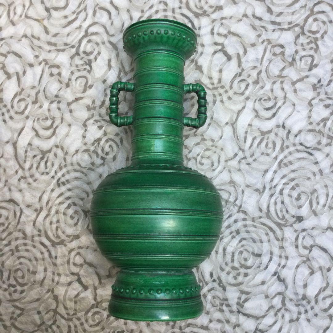 青緑色 陶器 花瓶 獅子持ち手