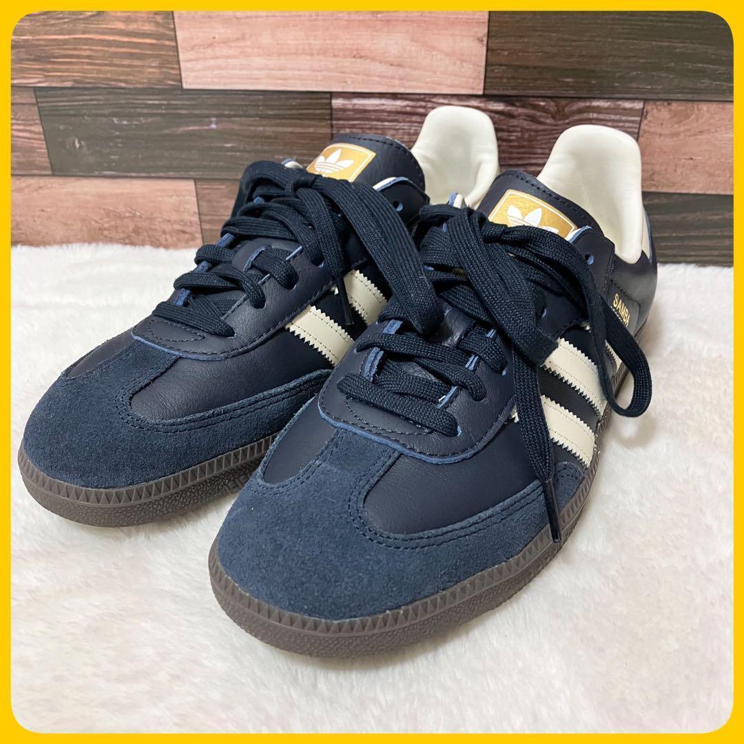 未使用級 adidas SAMBA レザー スニーカー 靴 26.5cm 紺 革