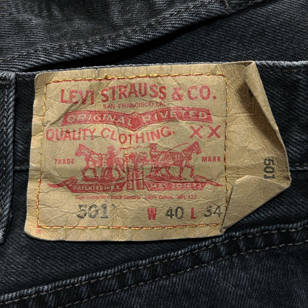 リーバイス501ブラックデニムパンツ黒ロゴワイドGパンw40アメリカUSA古着