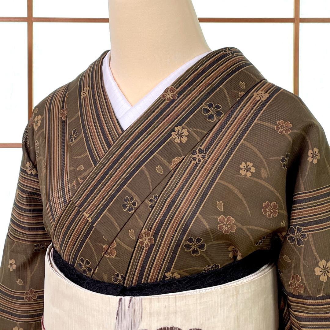 洗える着物 夏着物 小紋 絽 化繊 ストライプ 草花柄 ブラウン A