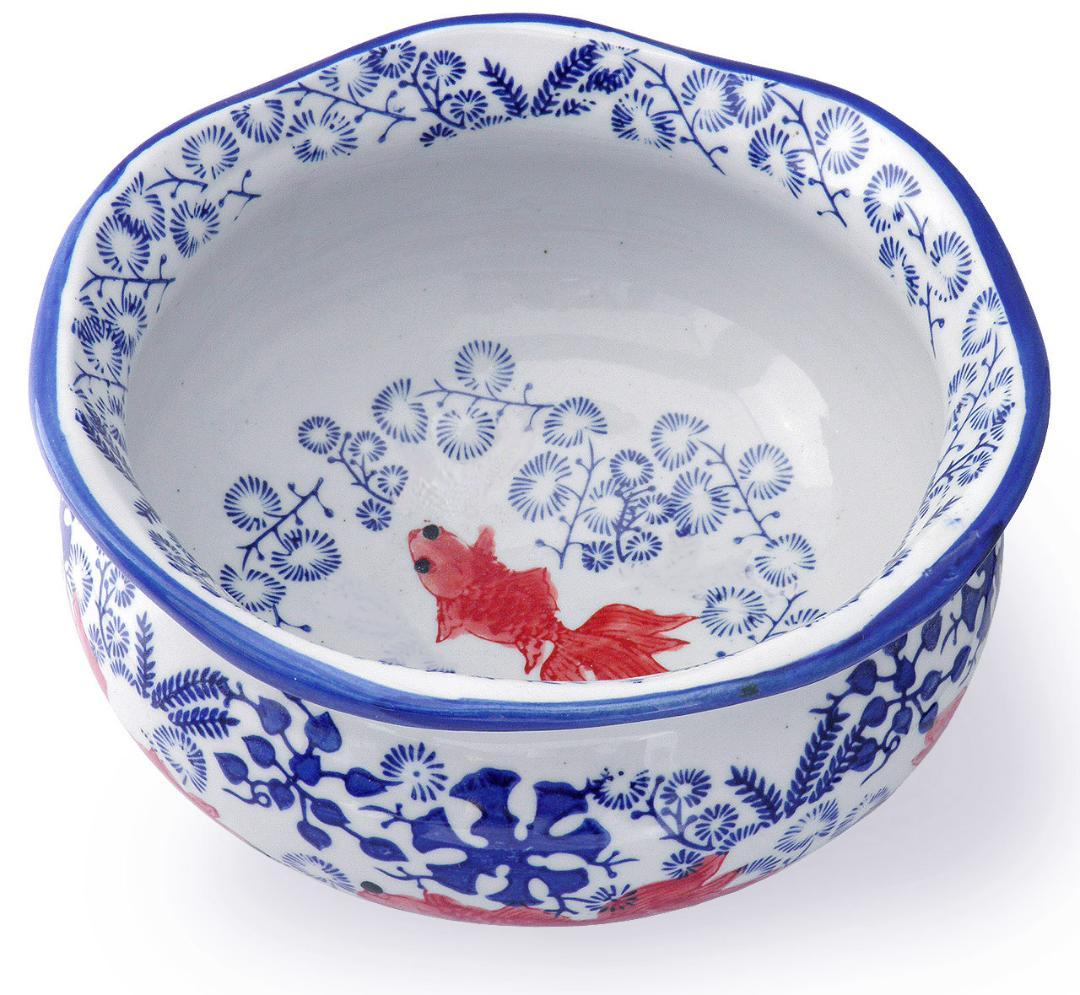 【あす楽対応】 金魚鉢 陶器(大サイズ)染付 赤絵 金魚柄 メダカ鉢 睡蓮鉢 鉢 工芸品