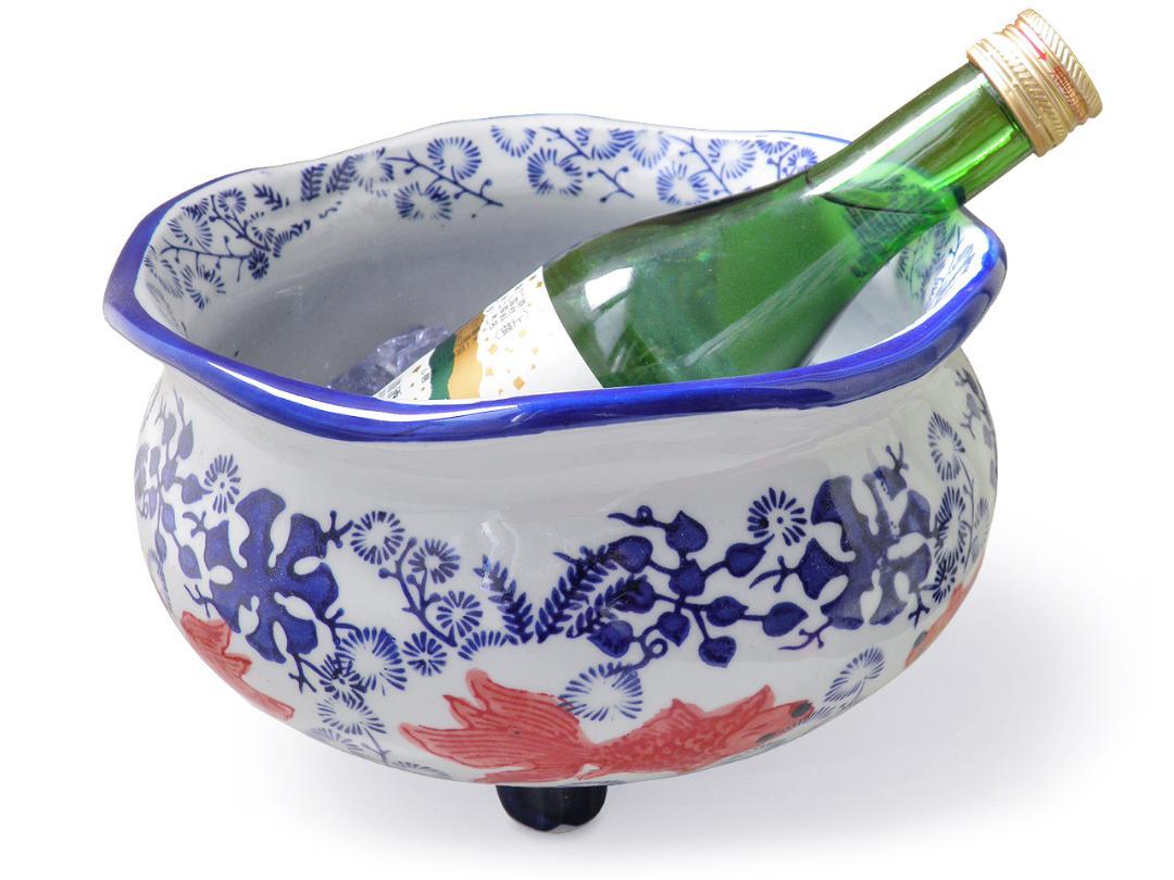 金魚鉢 陶器(大サイズ)染付 赤絵 金魚柄 メダカ鉢 睡蓮鉢 鉢