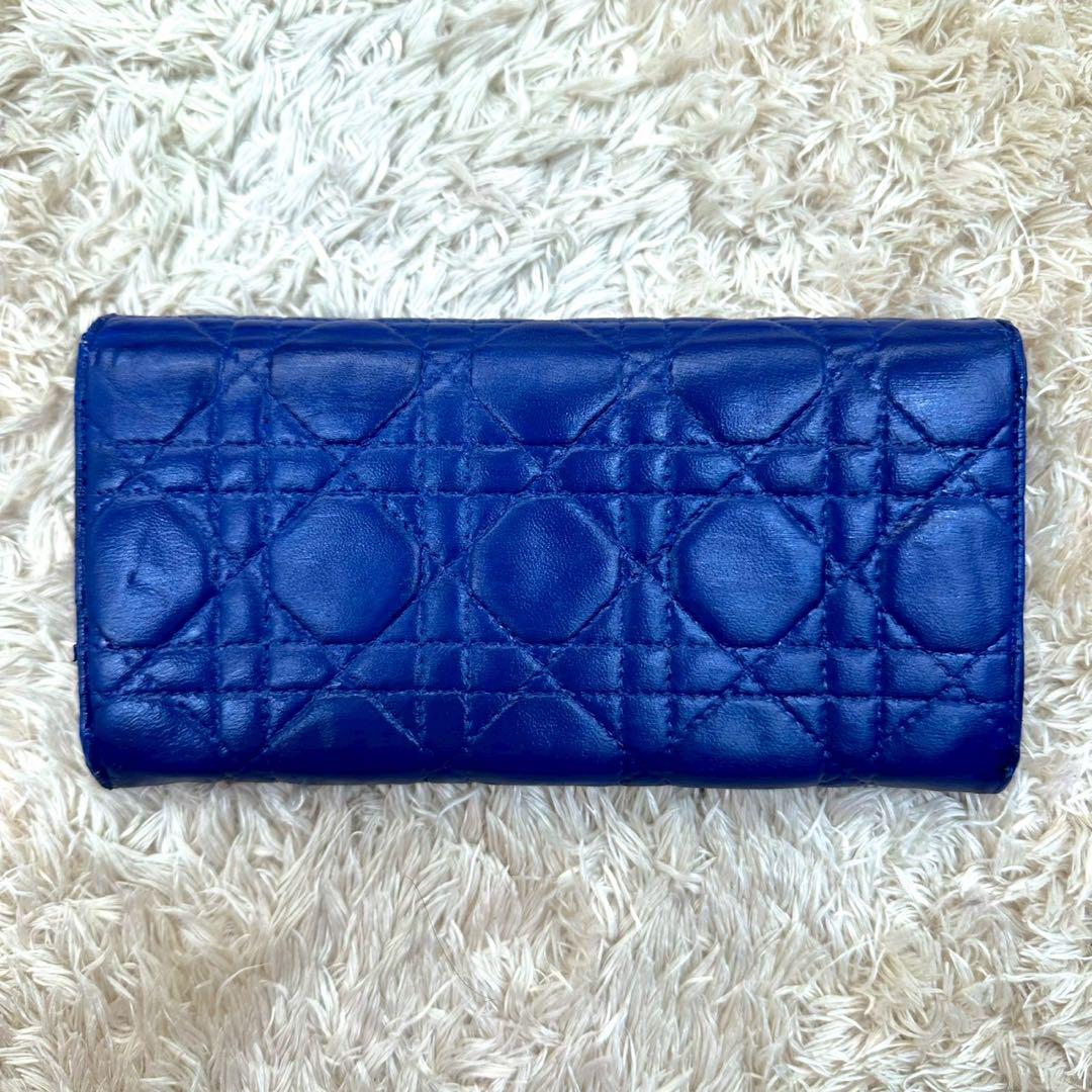 【美品】クリスチャンディオール 長財布 ブルー カナージュ 金具 レディース