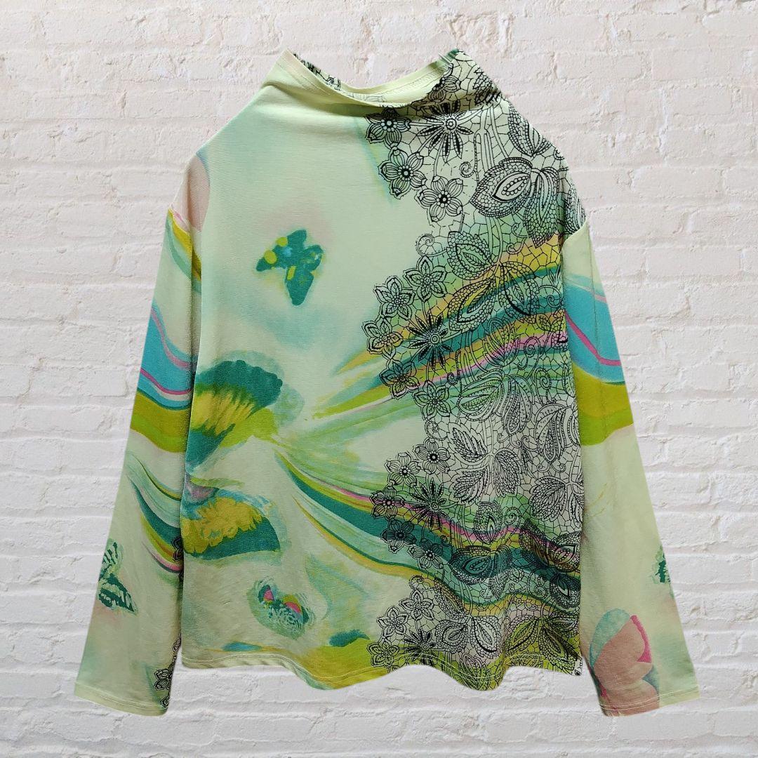 花柄 ボタニカル柄 蝶々風 柄シャツ 長袖シャツ y2k モックネック ロンtトップス