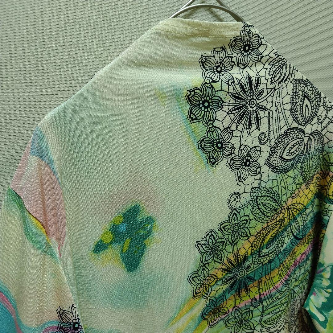 花柄 ボタニカル柄 蝶々風 柄シャツ 長袖シャツ y2k モックネック ロンt
