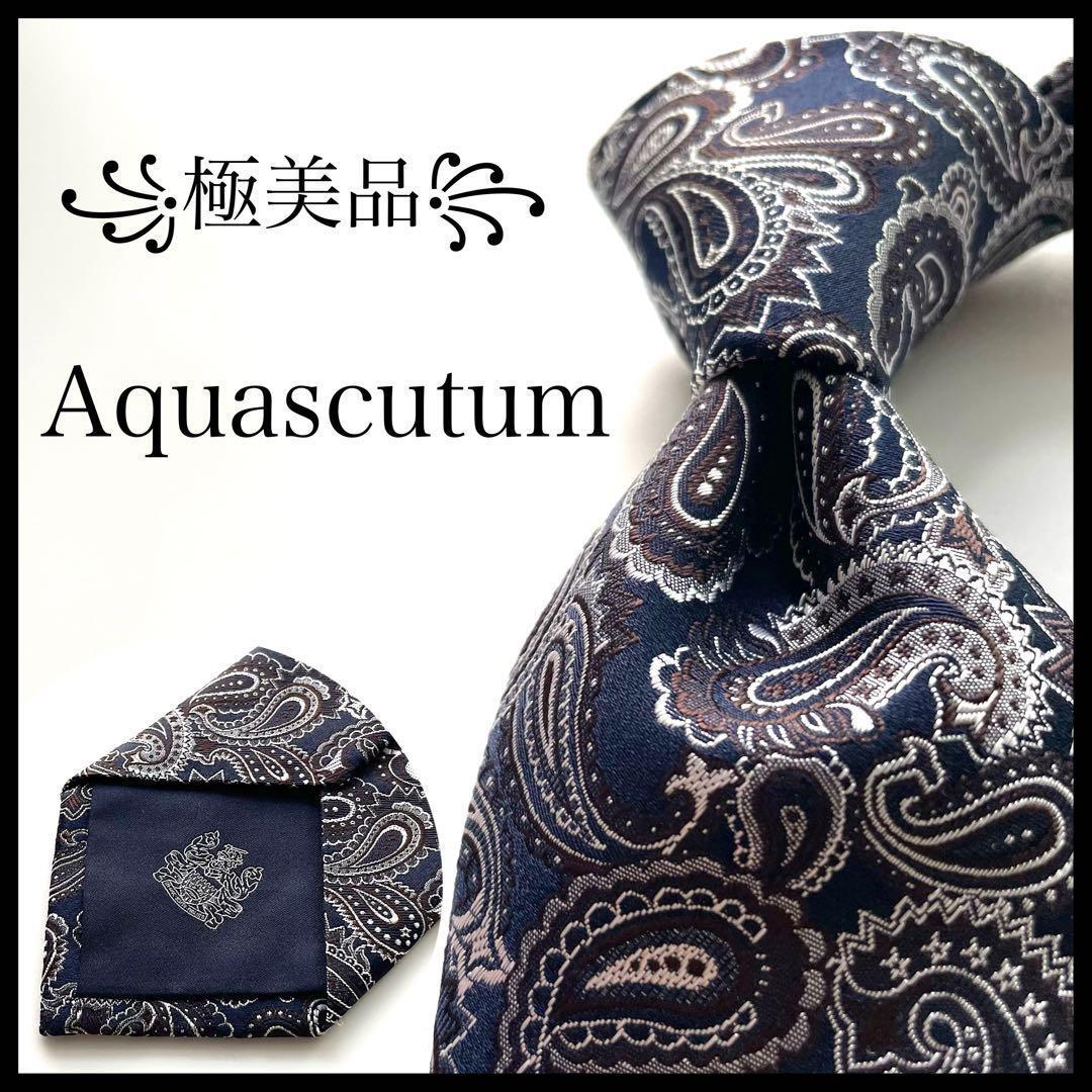 ꧁極美品꧂ アクアスキュータム ネクタイ 花柄 ペイズリー ジャガード ネイビー