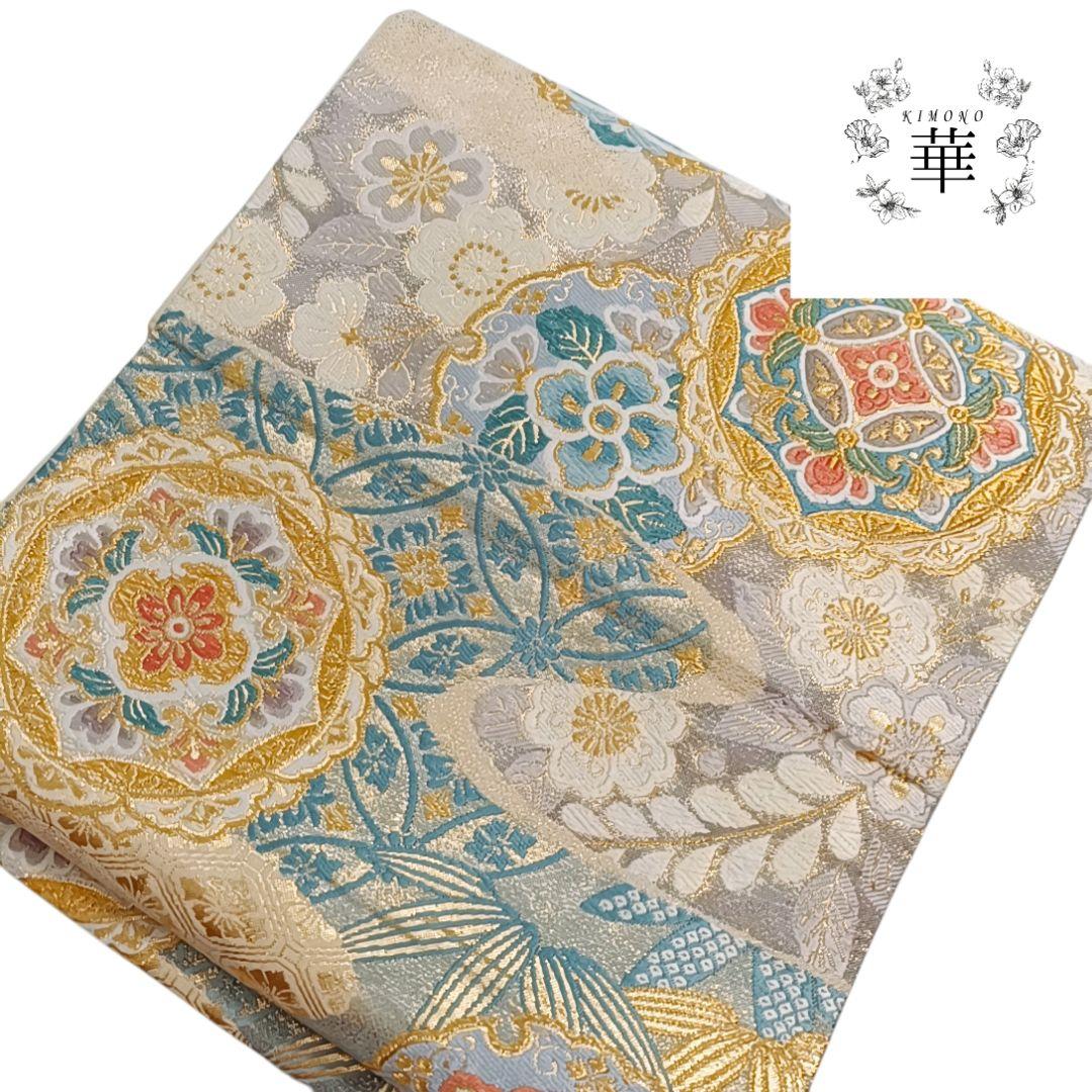 1140 華 袋帯 華紋 七宝 紫×ゴールドベージュ×青 トリプルカラー♪