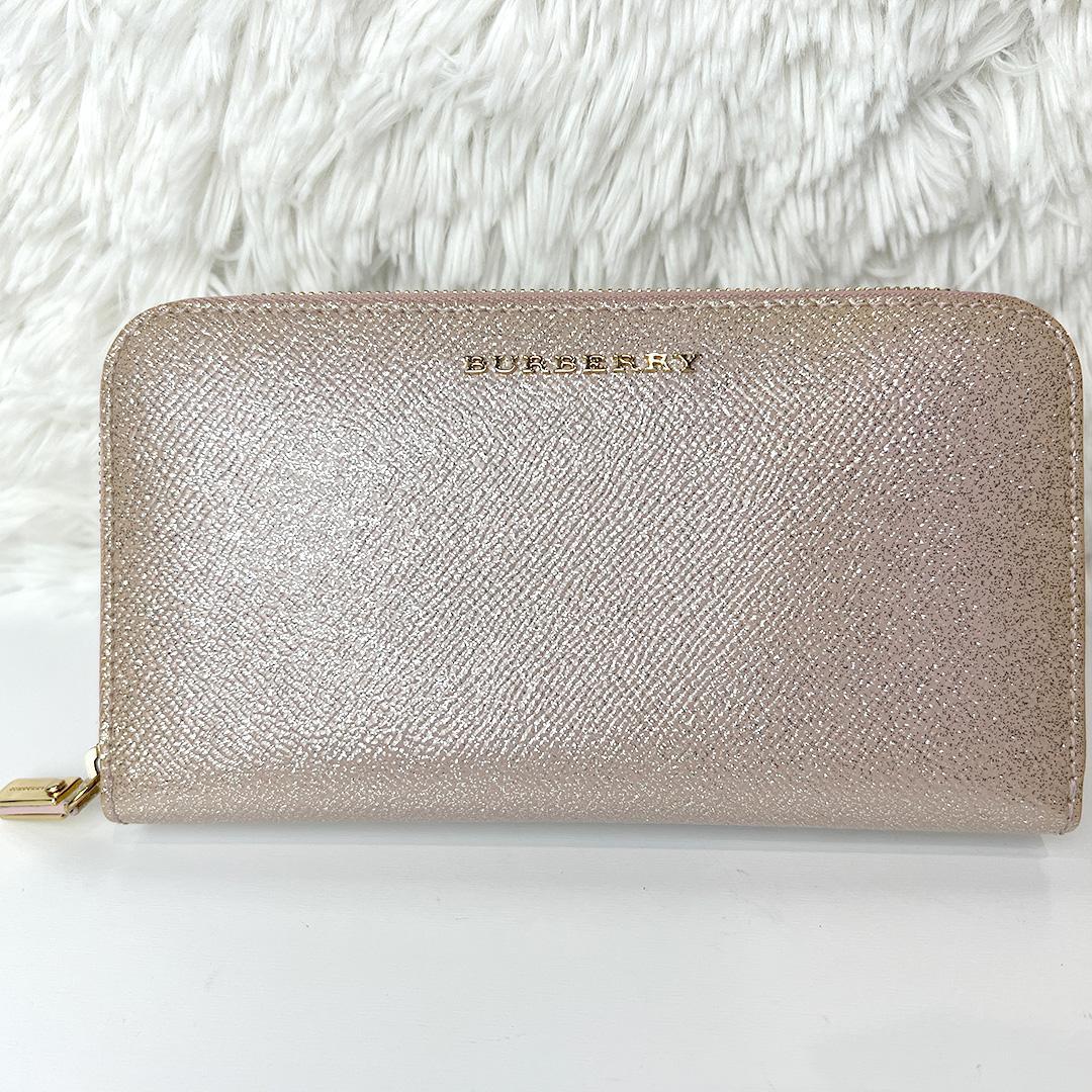 BURBERRY バーバリー 長財布 ラウンドジップ ラメ ピンクゴールド