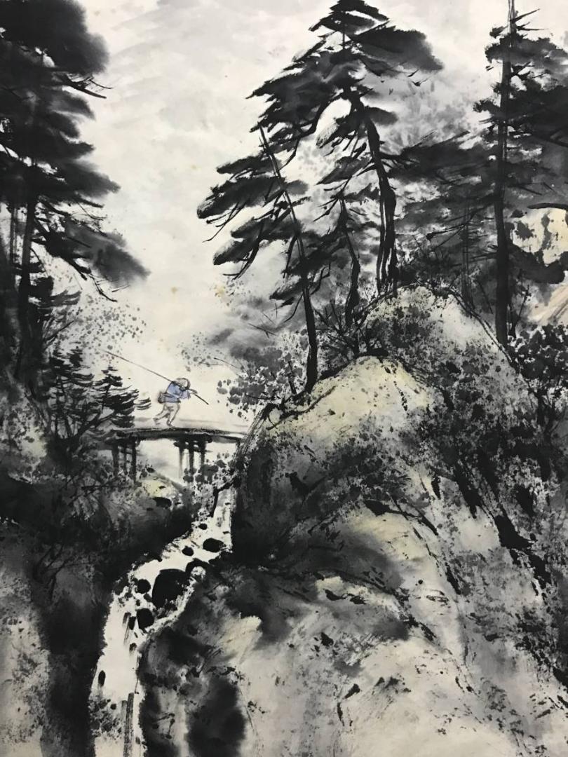 【真作】福寿山長台寺住職/島田皓紀/愛山居/釣人図/掛軸/名家伝来/AB-813