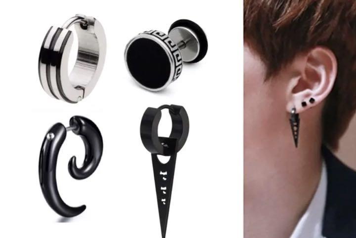 片耳 ピアス メンズ 4点セット BTS 韓国 お洒落 シルバー 黒 リング