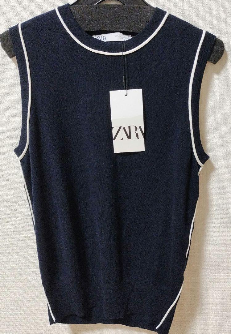 ☆ドイツ発*ZARA*新作*コントラストトリムニットトップ/NAVY☆ ZARA コントラストトリム プレーンニットトップス ネイビー M