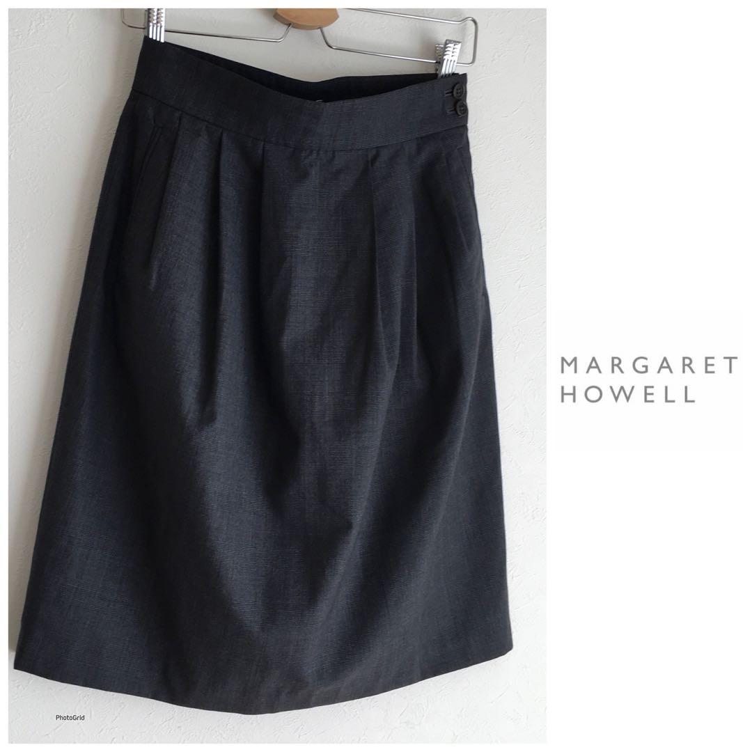 ◯マーガレットハウエル グレンチェック ウール タック スカート 日本