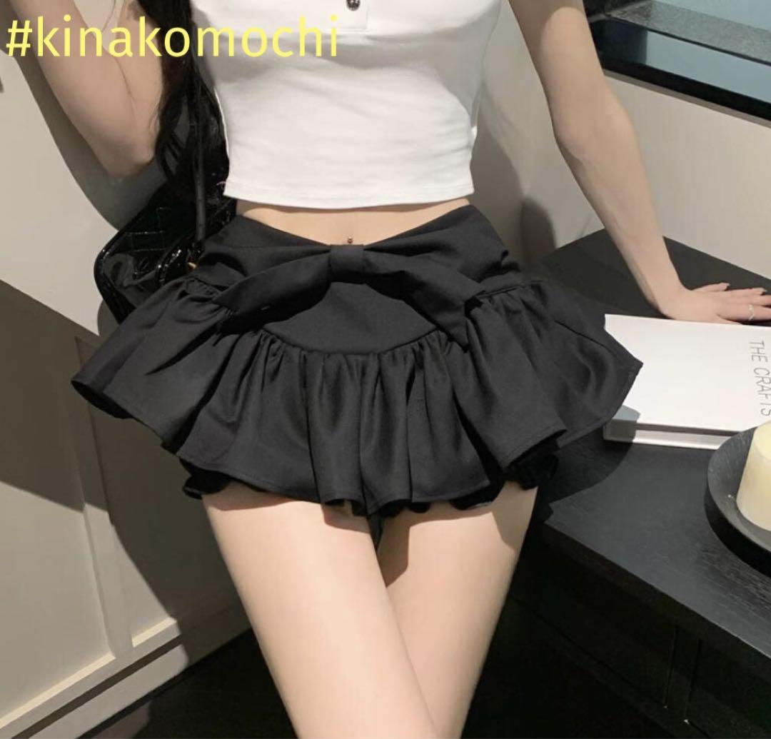 フリルミニスカート フェミニン スタイルアップ 大人可愛い リボン付き 黒色